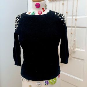 Black Knit Sweater with Pearl Beading on Shoulders